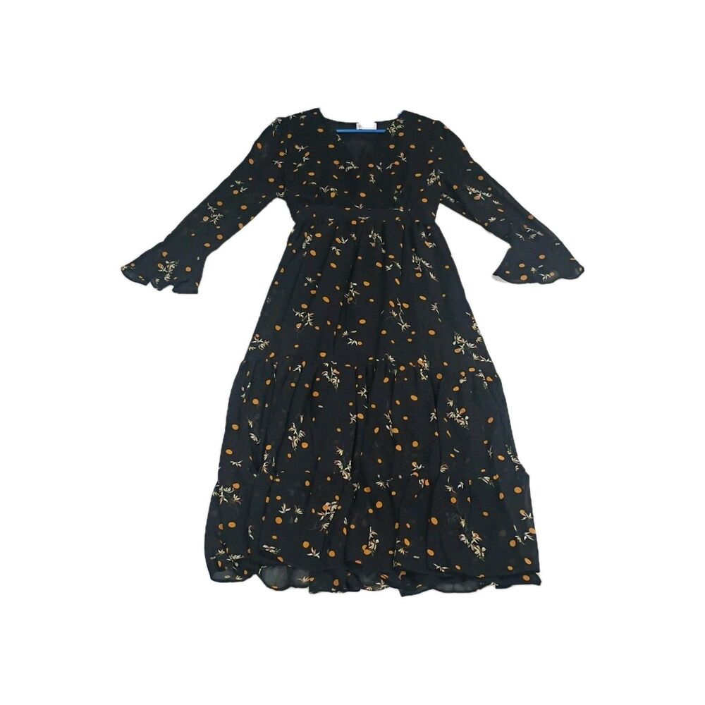 2bella Women’s S Black Orange Polka Dot Chiffon V-Neck Midi A-Line Dress
